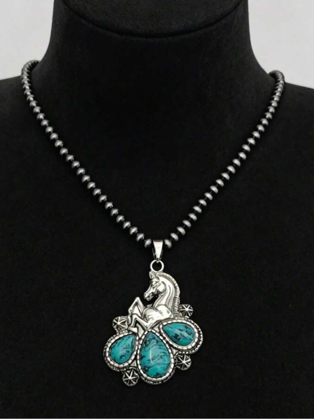 Faux Turquoise Accented Silver Horse Pendant Necklace